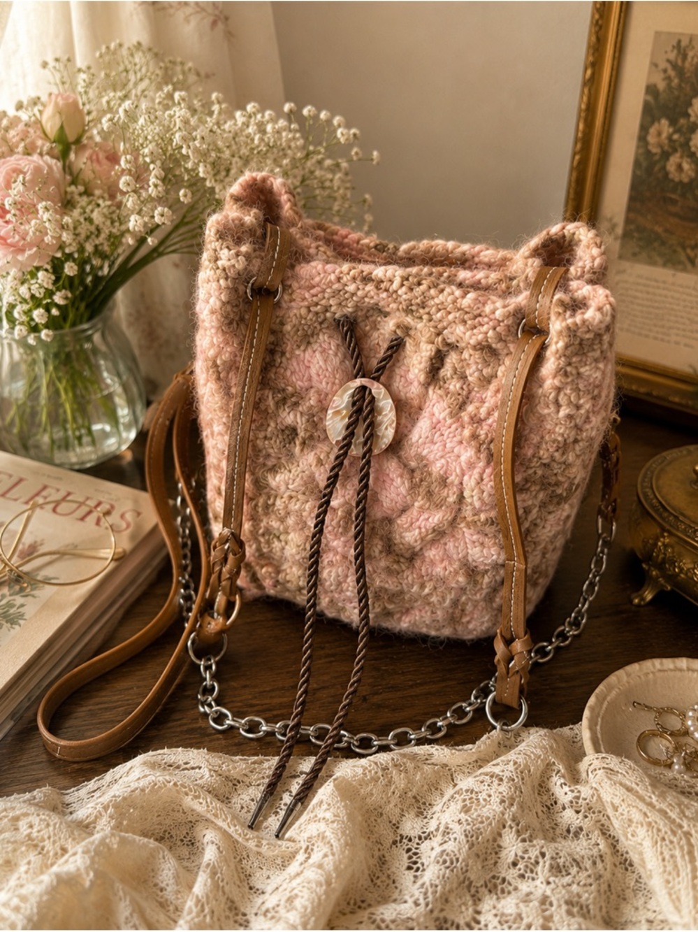 Handmade Felted Wool Boho Bucket Bag Pink Brown Festival Artisan Cottagecore